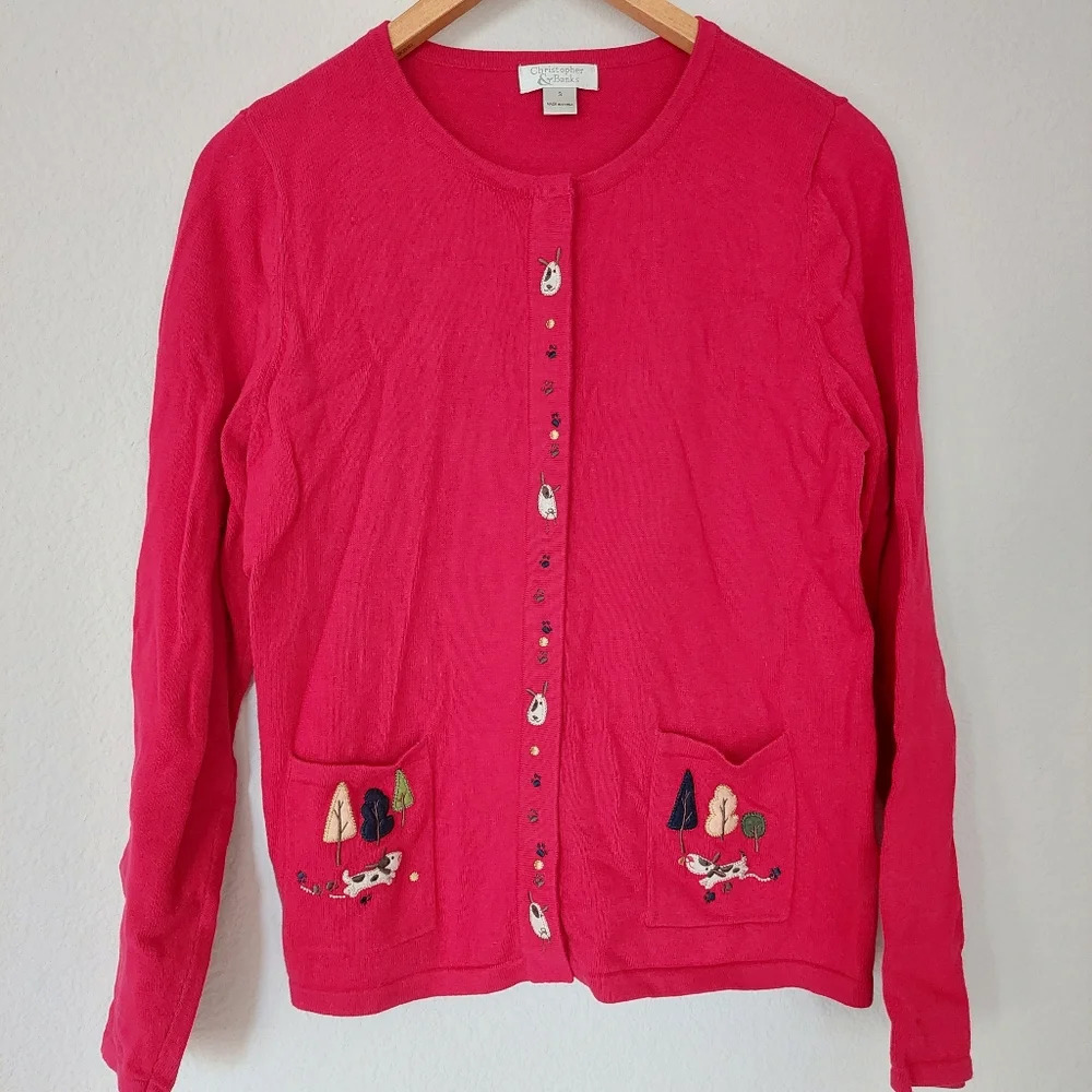 Christopher & Banks‎ Red Dog Embroidered Cardigan Sweater Size Small